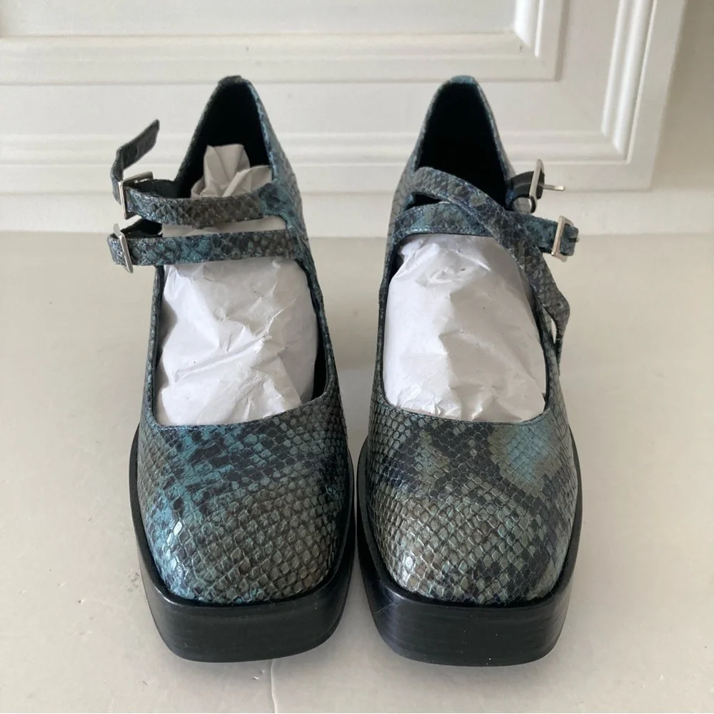 NWOT Free People Ruby Double Strap MJ Platforms Blue Snake Print Sz 38